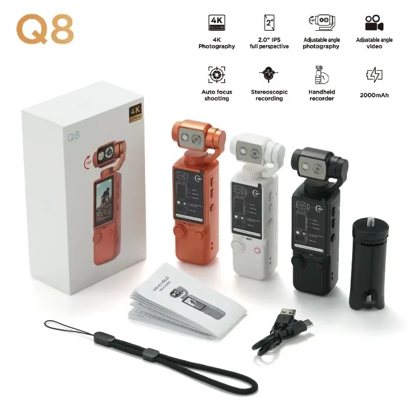 Q8 4k El Tipi Açık Hava Spor Kamerası Ultra Net Otomatik Odaklama Ayarlanabilir Açılı Taşınabilir Cep Tasarımı Konferans
